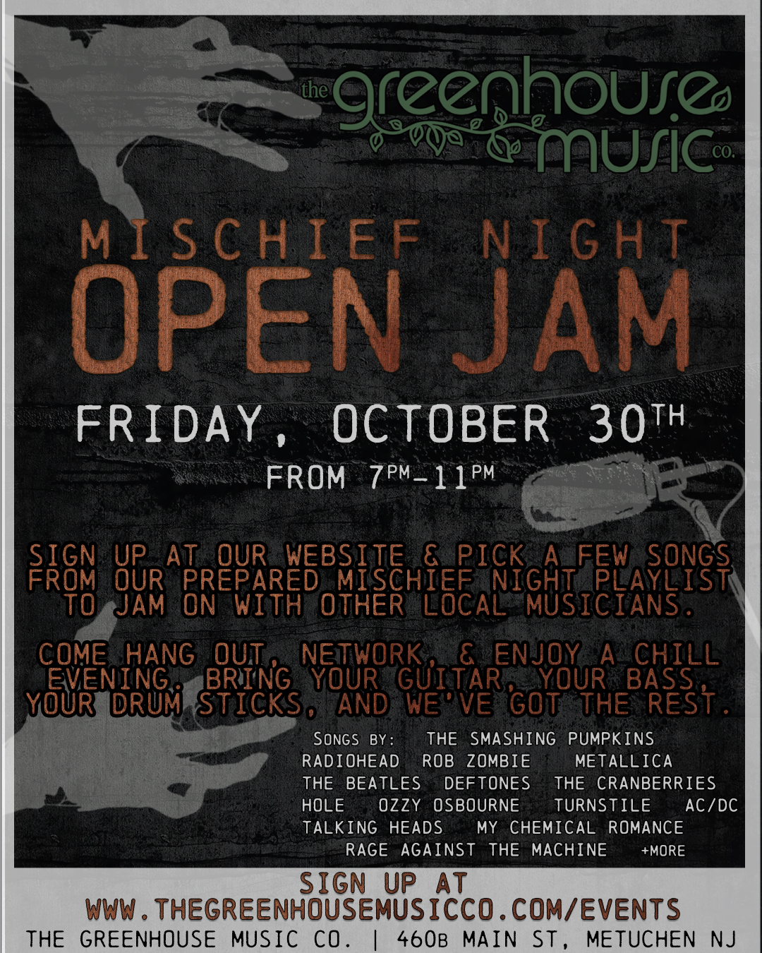 Flyer for Mischief Night Open Jam at The Greenhouse Music Co.